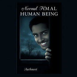 A captivating book cover design featuring a normal human being with a mysterious smile, peeping through a window