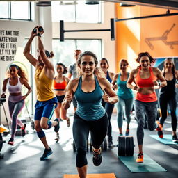 A powerful and inspiring fitness scene showcasing a diverse group of individuals engaged in various fitness activities, such as weightlifting, running, and yoga