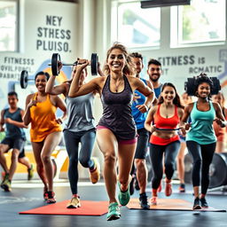 A powerful and inspiring fitness scene showcasing a diverse group of individuals engaged in various fitness activities, such as weightlifting, running, and yoga