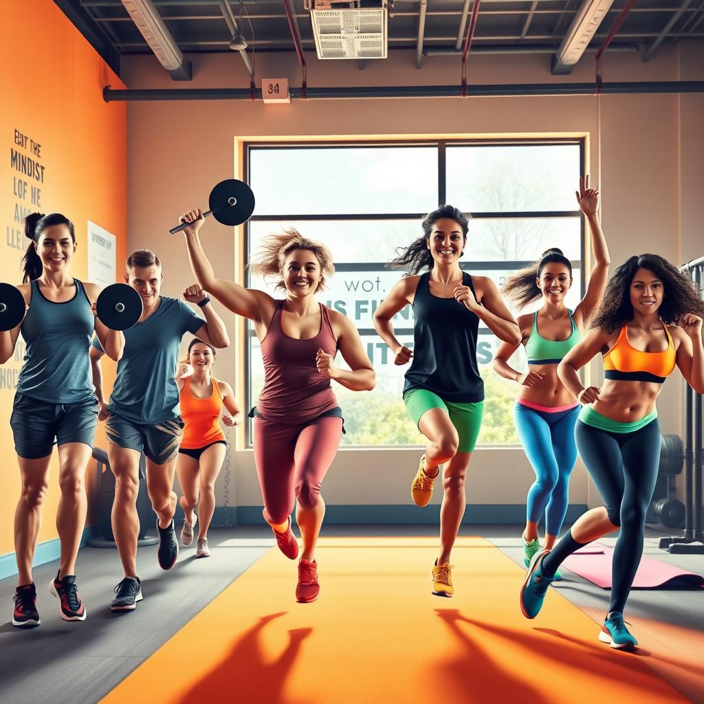 A powerful and inspiring fitness scene showcasing a diverse group of individuals engaged in various fitness activities, such as weightlifting, running, and yoga