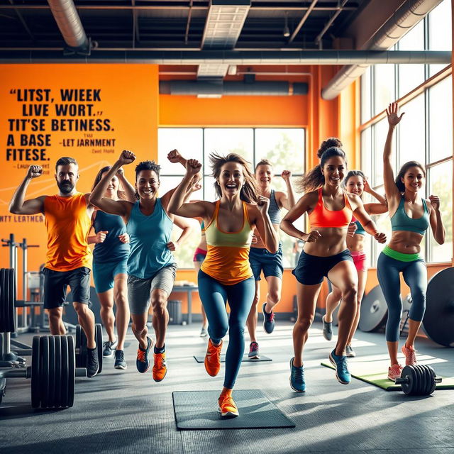 A powerful and inspiring fitness scene showcasing a diverse group of individuals engaged in various fitness activities, such as weightlifting, running, and yoga