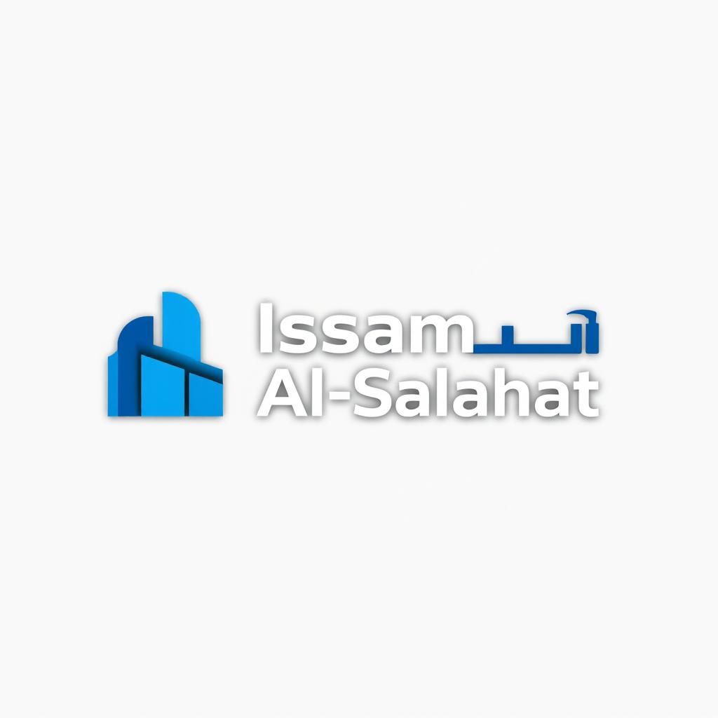 A construction company logo design featuring the name "Issam Al-Salahat" in bold, modern font