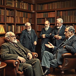 A group portrait featuring the influential psychologists Sigmund Freud, Alfred Adler, Carl Jung, Jacques Lacan, and Erich Fromm, gathered in a serene, classic library setting filled with books on psychology and philosophy