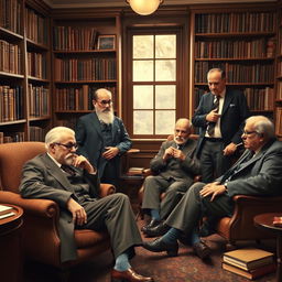 A group portrait featuring the influential psychologists Sigmund Freud, Alfred Adler, Carl Jung, Jacques Lacan, and Erich Fromm, gathered in a serene, classic library setting filled with books on psychology and philosophy