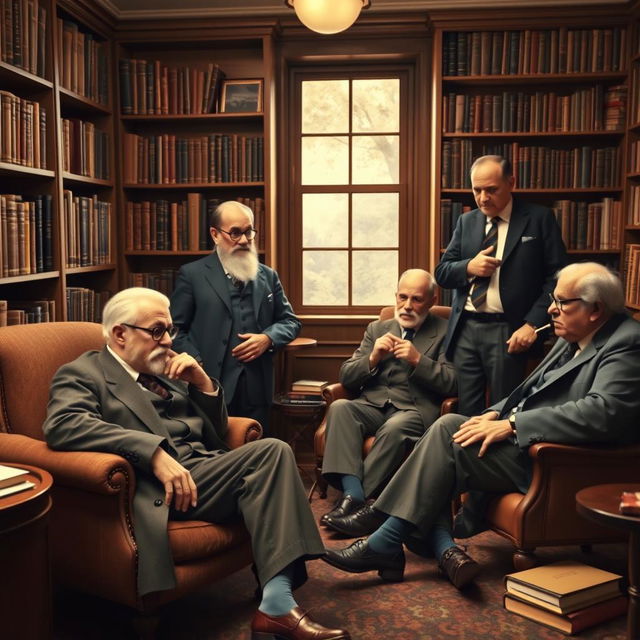 A group portrait featuring the influential psychologists Sigmund Freud, Alfred Adler, Carl Jung, Jacques Lacan, and Erich Fromm, gathered in a serene, classic library setting filled with books on psychology and philosophy