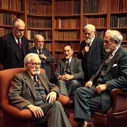 A group portrait featuring the influential psychologists Sigmund Freud, Alfred Adler, Carl Jung, Jacques Lacan, and Erich Fromm, gathered in a serene, classic library setting filled with books on psychology and philosophy