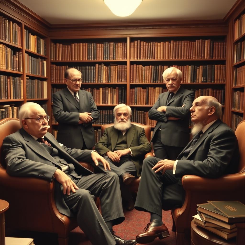 A group portrait featuring the influential psychologists Sigmund Freud, Alfred Adler, Carl Jung, Jacques Lacan, and Erich Fromm, gathered in a serene, classic library setting filled with books on psychology and philosophy