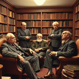 A group portrait featuring the influential psychologists Sigmund Freud, Alfred Adler, Carl Jung, Jacques Lacan, and Erich Fromm, gathered in a serene, classic library setting filled with books on psychology and philosophy