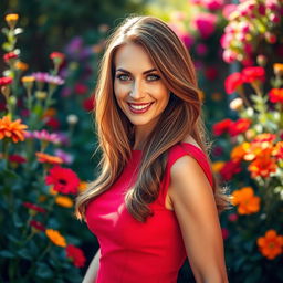 A stunning, detailed portrait of a mature woman with long flowing brunette hair and captivating green eyes, wearing a stylish, form-fitting red dress