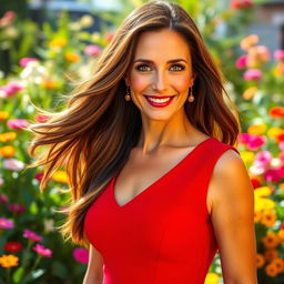 A stunning, detailed portrait of a mature woman with long flowing brunette hair and captivating green eyes, wearing a stylish, form-fitting red dress