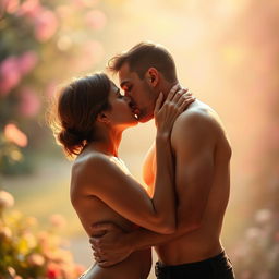 A romantic scene featuring two lovers kissing passionately, both are naked, surrounded by soft, warm light that creates an intimate atmosphere