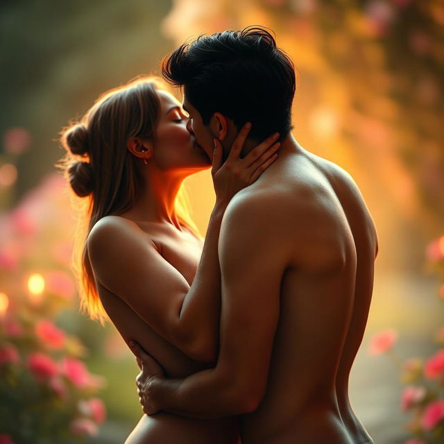 A romantic scene featuring two lovers kissing passionately, both are naked, surrounded by soft, warm light that creates an intimate atmosphere