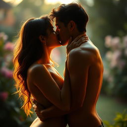 A romantic scene featuring two lovers kissing passionately, both are naked, surrounded by soft, warm light that creates an intimate atmosphere