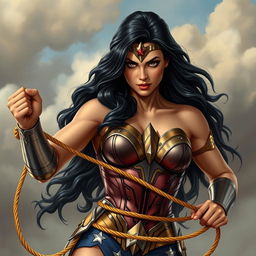 An artistic representation of a powerful comic book heroine inspired by Wonder Woman, depicted with a strong and confident pose