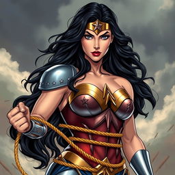 An artistic representation of a powerful comic book heroine inspired by Wonder Woman, depicted with a strong and confident pose