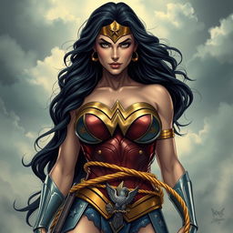 An artistic representation of a powerful comic book heroine inspired by Wonder Woman, depicted with a strong and confident pose