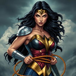 An artistic representation of a powerful comic book heroine inspired by Wonder Woman, depicted with a strong and confident pose