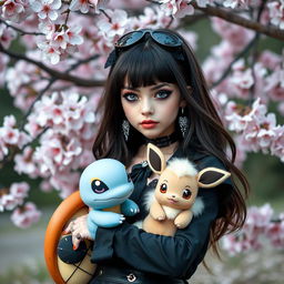 A portrait of a dark brown-haired goth Pokémon trainer girl dressed in stylish goth attire