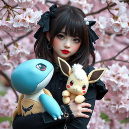 A portrait of a dark brown-haired goth Pokémon trainer girl dressed in stylish goth attire
