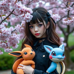 A portrait of a dark brown-haired goth Pokémon trainer girl dressed in stylish goth attire