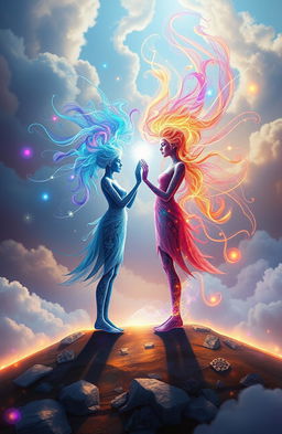 A surreal depiction of two ethereal figures, each representing a unique soul, standing at the edge of a glowing border that symbolizes their individual identities