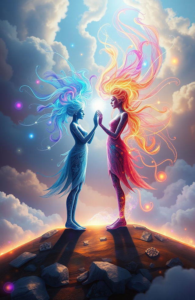 A surreal depiction of two ethereal figures, each representing a unique soul, standing at the edge of a glowing border that symbolizes their individual identities