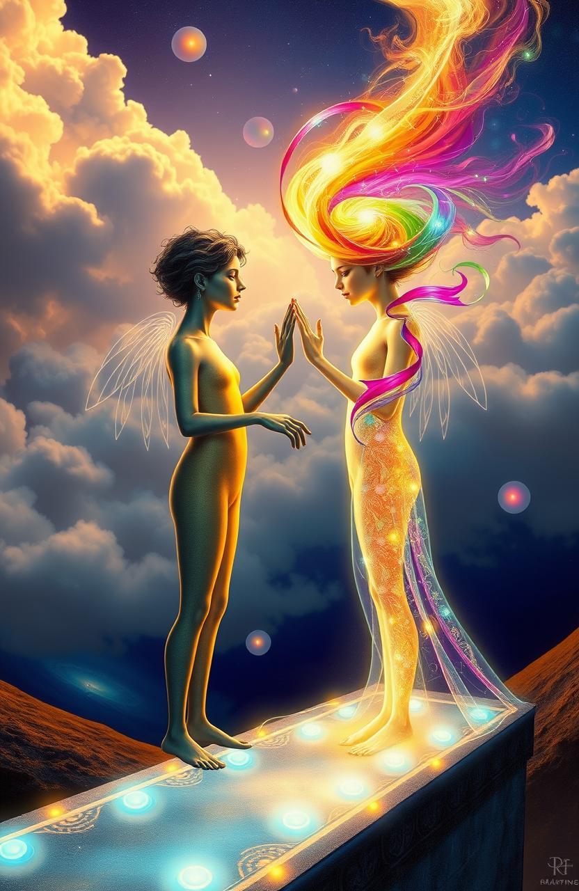 A surreal depiction of two ethereal figures, each representing a unique soul, standing at the edge of a glowing border that symbolizes their individual identities