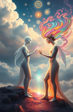 A surreal depiction of two ethereal figures, each representing a unique soul, standing at the edge of a glowing border that symbolizes their individual identities