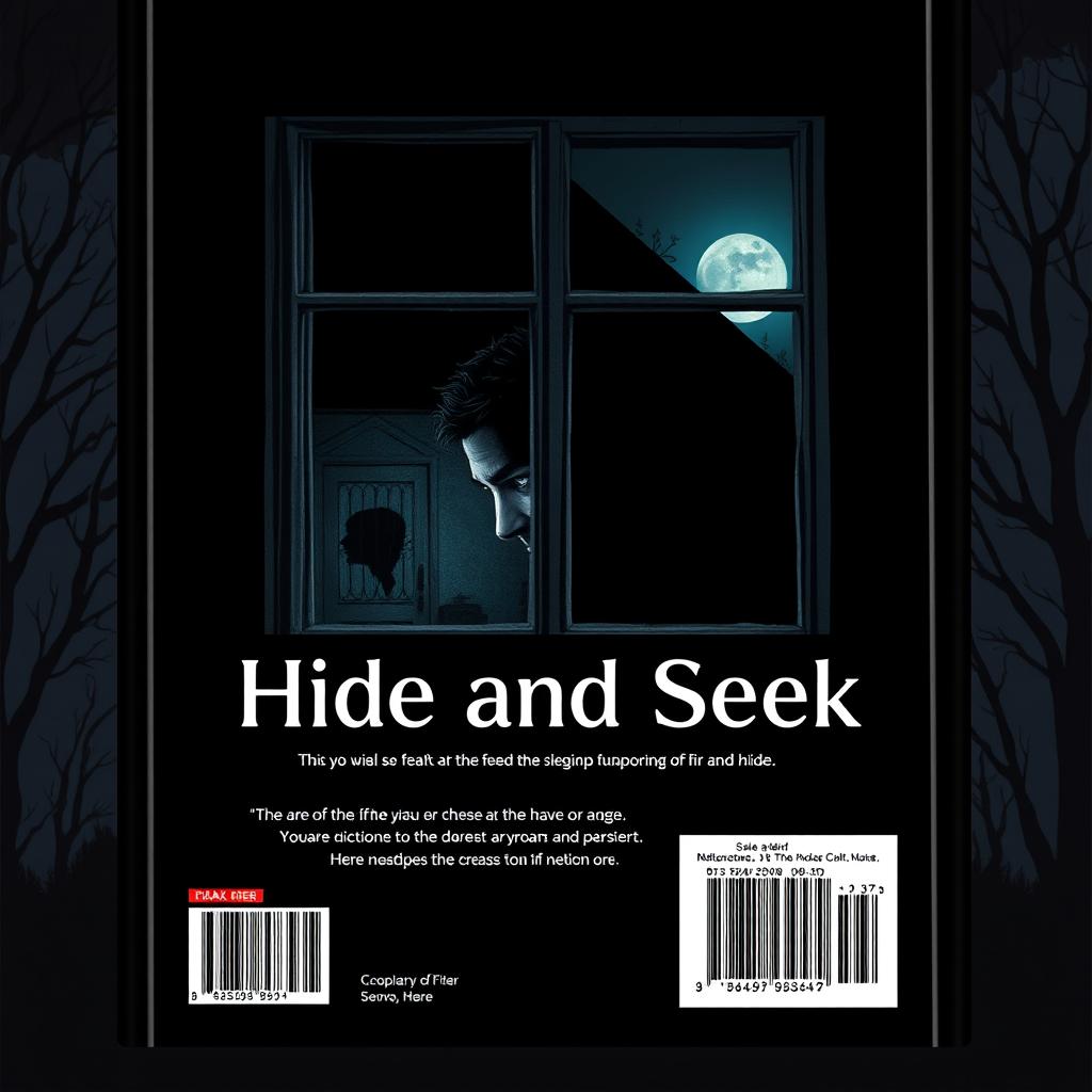 The back cover design for a book titled “Hide and Seek” featuring a tense and atmospheric scene where the seeker is peeping through a window