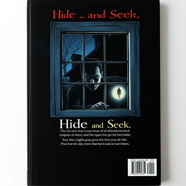 The back cover design for a book titled “Hide and Seek” featuring a tense and atmospheric scene where the seeker is peeping through a window