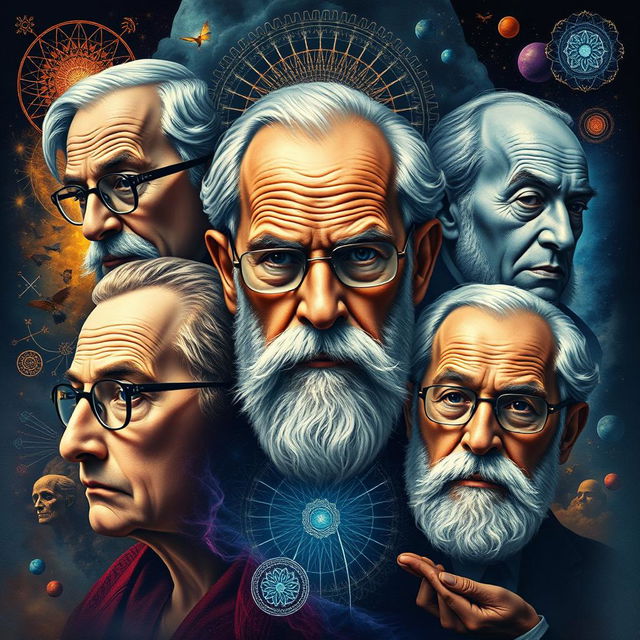 A stunning, detailed portrait collage featuring five iconic figures of psychology: Sigmund Freud with his signature glasses and a thoughtful expression, Alfredo Adler exuding confidence with a slight smile, Carl Jung deep in contemplation surrounded by symbolism like mandalas, Jacques Lacan with an intense gaze and a hint of mystery, and Erich Fromm embodying warmth and wisdom