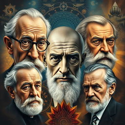 A stunning, detailed portrait collage featuring five iconic figures of psychology: Sigmund Freud with his signature glasses and a thoughtful expression, Alfredo Adler exuding confidence with a slight smile, Carl Jung deep in contemplation surrounded by symbolism like mandalas, Jacques Lacan with an intense gaze and a hint of mystery, and Erich Fromm embodying warmth and wisdom