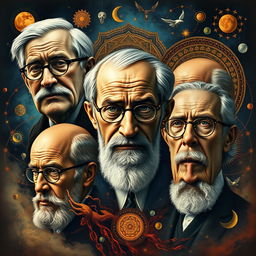 A stunning, detailed portrait collage featuring five iconic figures of psychology: Sigmund Freud with his signature glasses and a thoughtful expression, Alfredo Adler exuding confidence with a slight smile, Carl Jung deep in contemplation surrounded by symbolism like mandalas, Jacques Lacan with an intense gaze and a hint of mystery, and Erich Fromm embodying warmth and wisdom