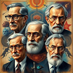 A stunning, detailed portrait collage featuring five iconic figures of psychology: Sigmund Freud with his signature glasses and a thoughtful expression, Alfredo Adler exuding confidence with a slight smile, Carl Jung deep in contemplation surrounded by symbolism like mandalas, Jacques Lacan with an intense gaze and a hint of mystery, and Erich Fromm embodying warmth and wisdom