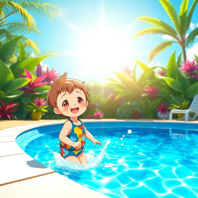 An anime style depiction of a small child wearing a colorful swimsuit, joyfully playing by a sparkling blue swimming pool under a bright sunny day