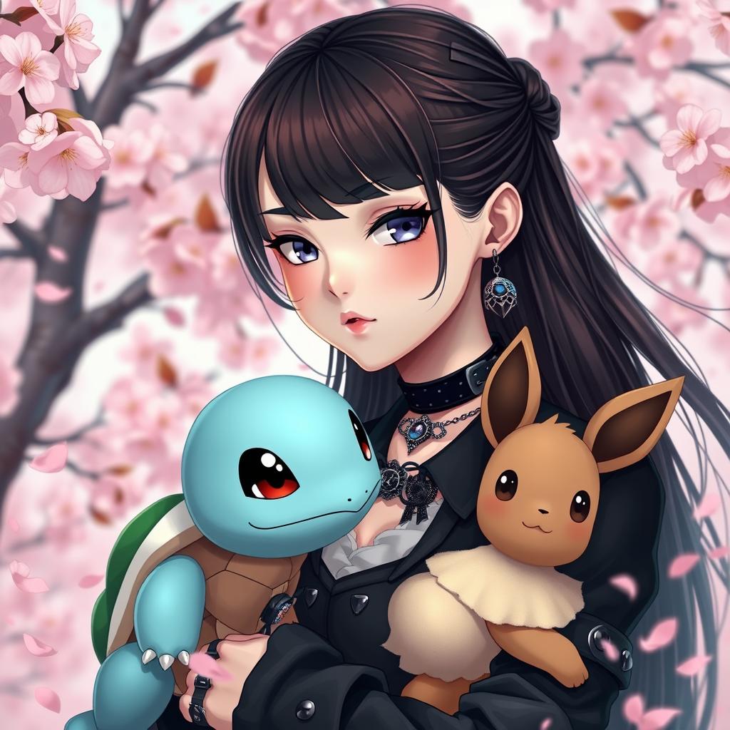 A portrait of a dark brown haired goth Pokémon trainer girl with a unique and stylish gothic outfit