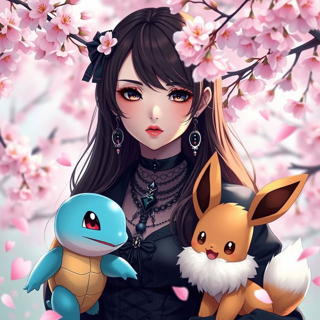 A portrait of a dark brown haired goth Pokémon trainer girl with a unique and stylish gothic outfit