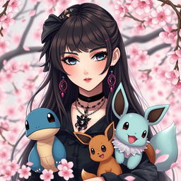 A portrait of a dark brown haired goth Pokémon trainer girl with a unique and stylish gothic outfit