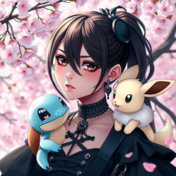 A portrait of a dark brown haired goth Pokémon trainer girl with a unique and stylish gothic outfit