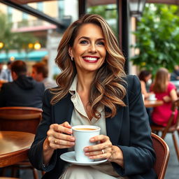 A confident and attractive mature woman, stylishly dressed in an elegant outfit, seated at a café with a warm smile
