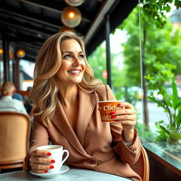 A confident and attractive mature woman, stylishly dressed in an elegant outfit, seated at a café with a warm smile