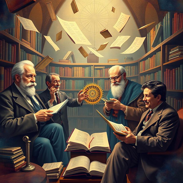 A creative and artistic representation of the five prominent figures in psychology: Sigmund Freud, Alfredo Adler, Carl Jung, Jacques Lacan, and Erich Fromm