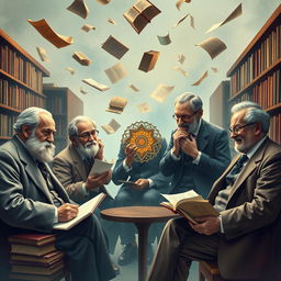 A creative and artistic representation of the five prominent figures in psychology: Sigmund Freud, Alfredo Adler, Carl Jung, Jacques Lacan, and Erich Fromm