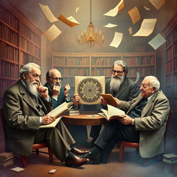 A creative and artistic representation of the five prominent figures in psychology: Sigmund Freud, Alfredo Adler, Carl Jung, Jacques Lacan, and Erich Fromm