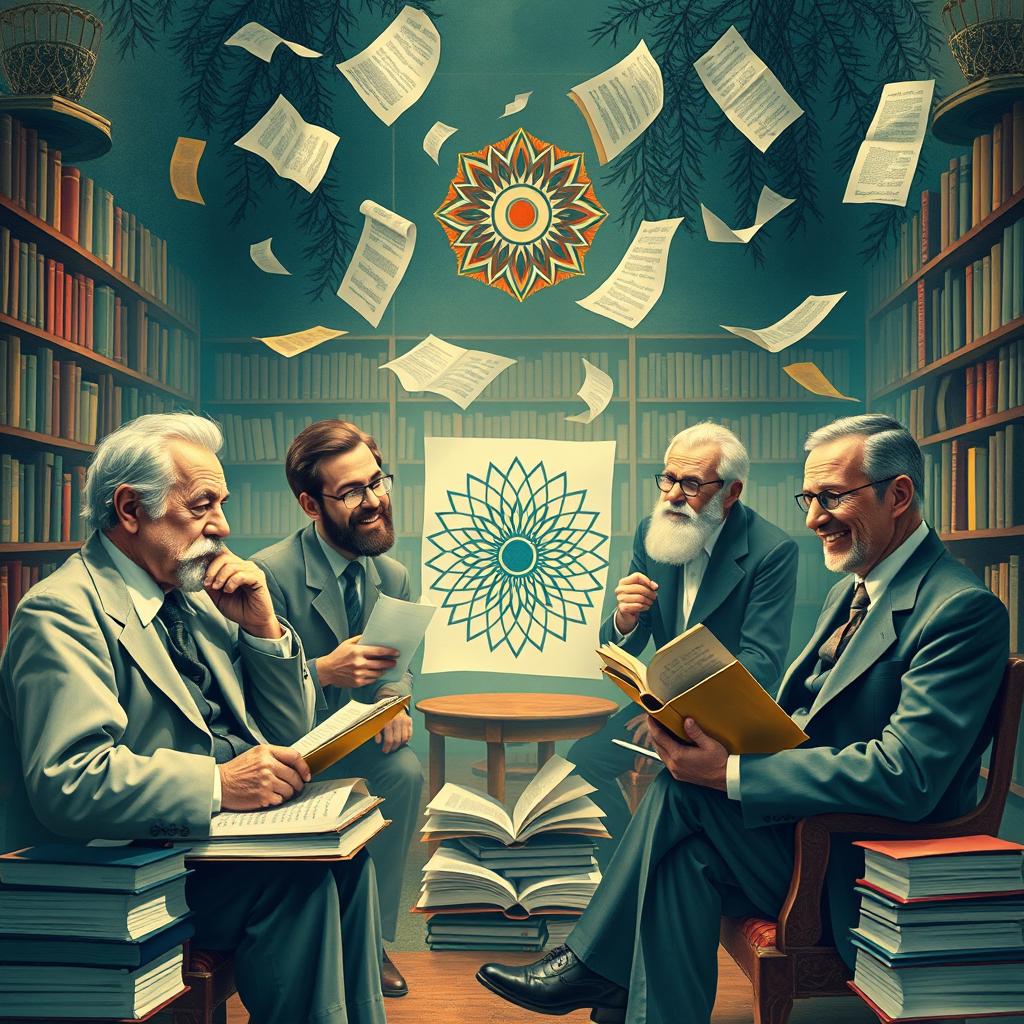 A creative and artistic representation of the five prominent figures in psychology: Sigmund Freud, Alfredo Adler, Carl Jung, Jacques Lacan, and Erich Fromm