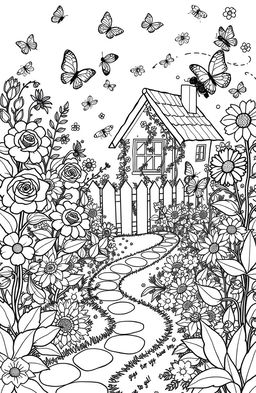 A delightful and intricate design for a coloring book page featuring a whimsical garden scene