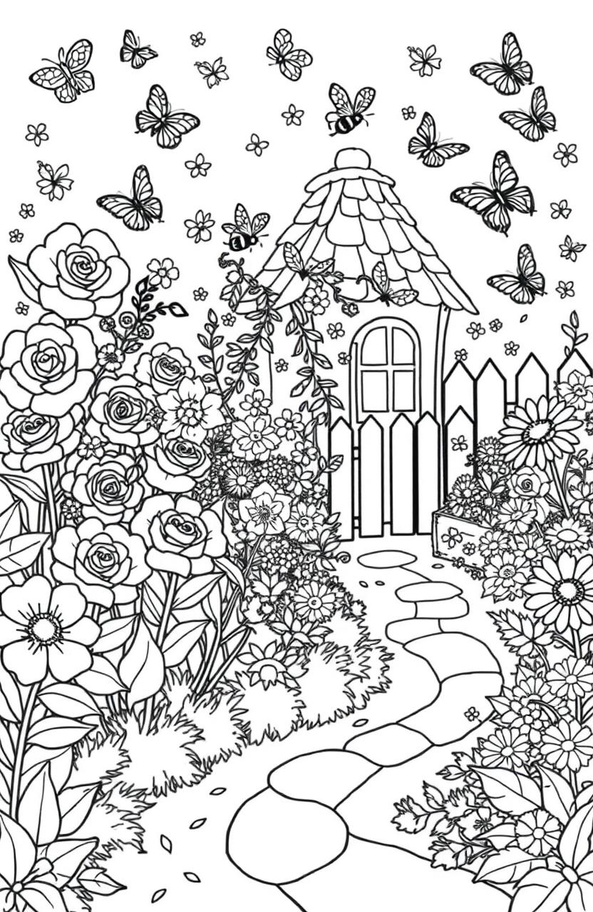 A delightful and intricate design for a coloring book page featuring a whimsical garden scene