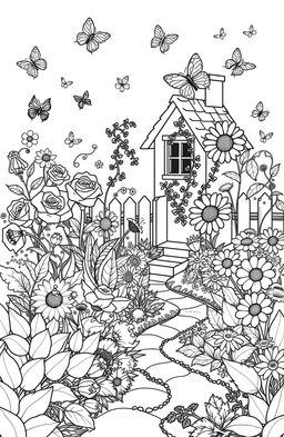 A delightful and intricate design for a coloring book page featuring a whimsical garden scene