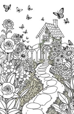 A delightful and intricate design for a coloring book page featuring a whimsical garden scene