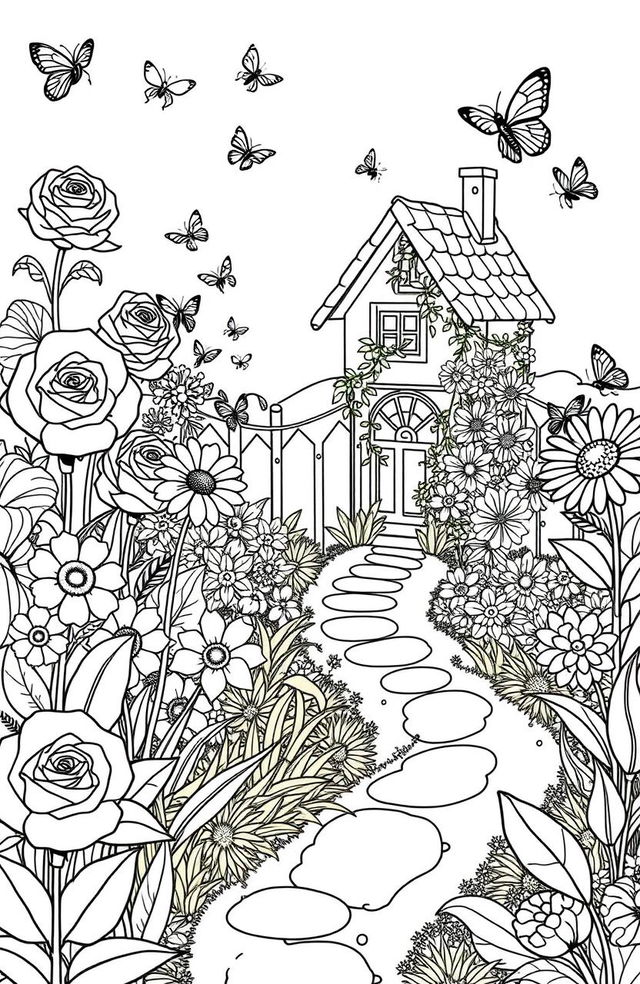 A delightful and intricate design for a coloring book page featuring a whimsical garden scene